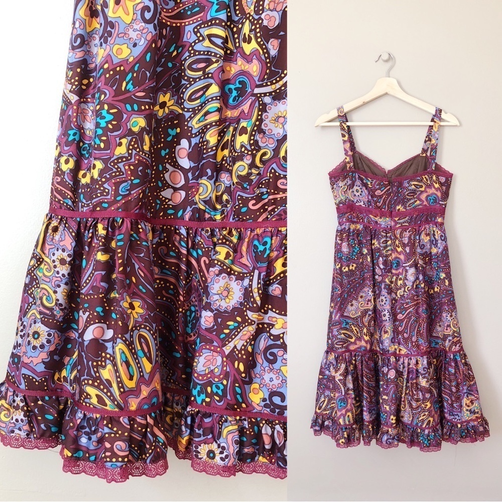 Betsey Johnson • vintage silk dress paisley midi retro 70s colorful lace peasant - Picture 11 of 11